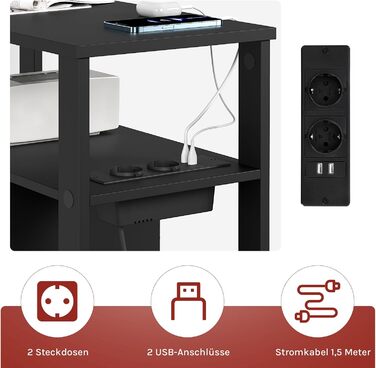 Журнальний столик WOLTU з розеткою, тумбочка з функцією заряджання, вузький диван-столик, з 2 шухлядами, 2 полицями, 1 відділенням, для вітальні/спальні, 60x60x30 см, чорний, BTS28sz