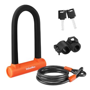 Велосипедний замок ValueMax U-lock, U-подібний замок зі сталевим тросом 1,8 м, з кронштейном, 2 ключі, велосипедний замок 2 в 1 для велосипедів, мотоциклів, гірських велосипедів, електровелосипедів