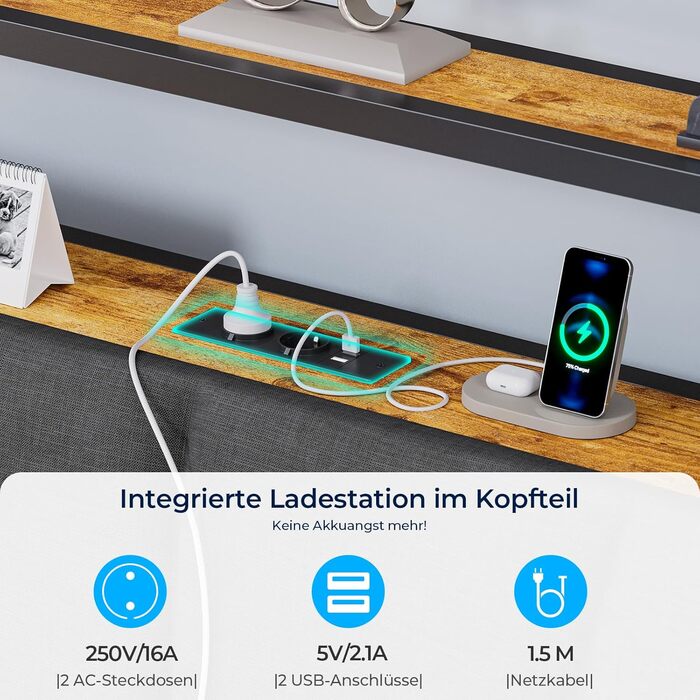 Ліжко 140x200 з металевою рейковою основою, каркас ліжка 140x200 см зі світлодіодним освітленням та зарядною станцією (2 розетки змінного струму та 2 порти USB), дитяче ліжко, двоспальне ліжко з 2 великими шухлядами, сірий колір, 140x200 см