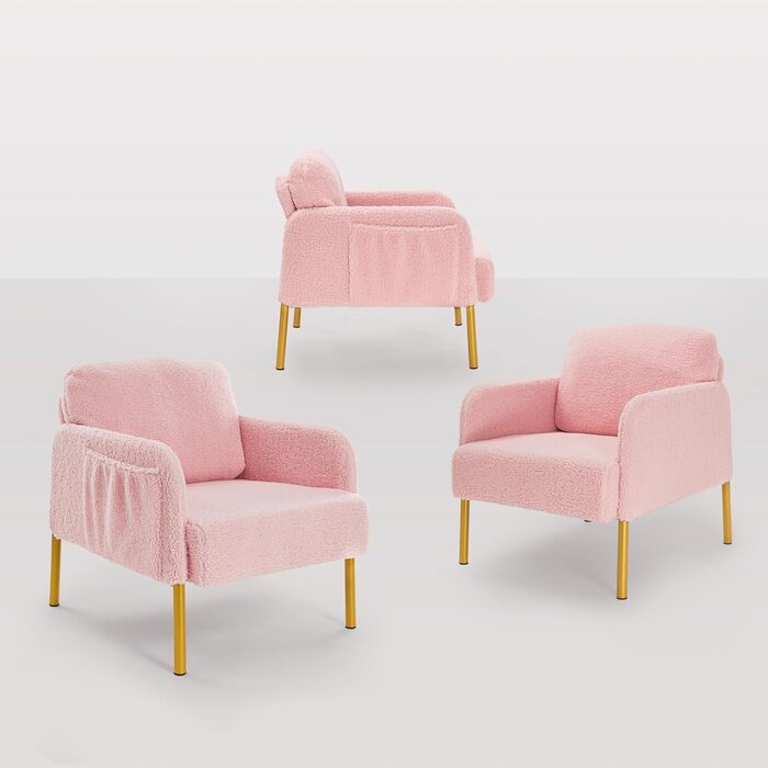 Крісло Mondeer, одномісний диван з бічною кишенею та металевими ніжками, зручна тканина зі штучної овчини, сучасний, для вітальні, спальні, кабінету, 63 x 75 x 75 см, рожевий.