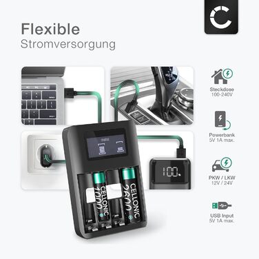 Зарядний пристрій CELLONIC USB для акумуляторів AAA AA Швидка зарядка 4 батареї Зарядний пристрій із 4 слотами для батарейок AA AAA Станція заряджання акумуляторів Індивідуальне заряджання Зарядний пристрій для акумуляторів LR03 LR6