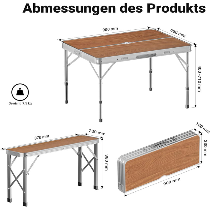 Стіл-валіза Wiltec з 2 лавками, дерев&39яний дизайн, алюміній, 90x66x70 см, розкладний кемпінговий стіл, група сидінь, кемпінгові меблі, вуличний кемпінговий стіл, складаний, 90 x 66 x 70 см