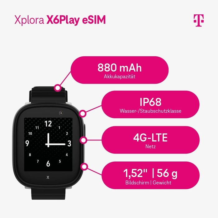 Розумний дитячий годинник Deutsche Telekom Xplora Kids Watch X6 Play eSIM GPS з кнопкою SOS, відображенням місцезнаходження, повідомленнями на телефон та голосовими повідомленнями підключається до смартфона батьків через додаток чорний X6 black