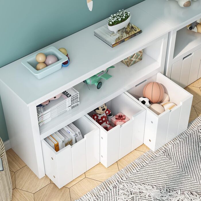 Дитяча полиця з ящиками на коліщатках, меблі для дитячої кімнати, полиця для іграшок, дитяча шафа, полиця біла з 3 ящиками, скрині