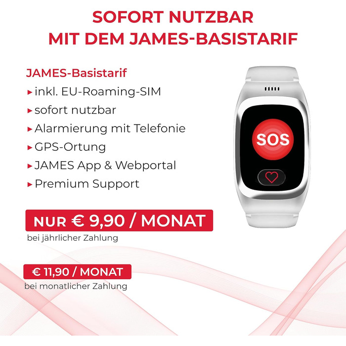 Годинник James B8 для екстрених випадків та безпеки для людей похилого віку GPS, виявлення падіння, кнопка SOS, монітор серцевого ритму, функції для здоров&39я, сімейний додаток, гучний будильник чорний/білий вкл. SIM-картку та 2 місяці безкоштовного тари