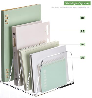 Акриловий тримач для листів та органайзер для столу SANRUI (4 відділення) - вертикальний лоток для листів для пошти, блокнотів A5 та планшетів Прозорий органайзер для тіней для повік та сортувальник (прозорий)