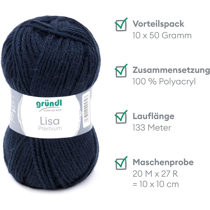 Пряжа Grndl Lisa Premium Uni Knitting & Crochet Yarn (м'яка і вовняна характер, проста в догляді миється трикотажна пряжа з 100 поліакрилу, 50 г/ 133 м, розмір голки 3,5 - 4,5, 10 клубків по 50 г кожен), (темно-синій)