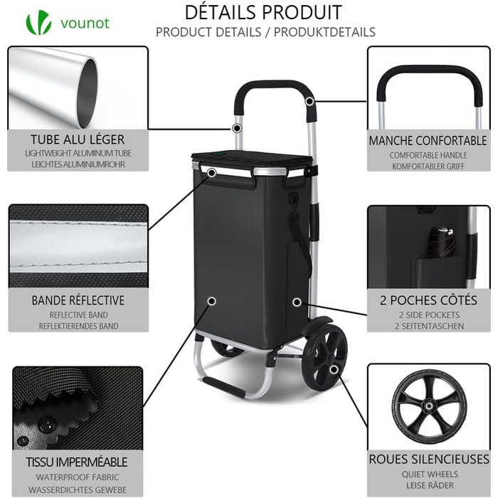 Алюмінієвий складаний візок для покупок 58л з водонепроникною сумкою та термо-відсіком, 2 великих колеса з брудозахисними крилами, складаний візок-драбина, чорний 58л