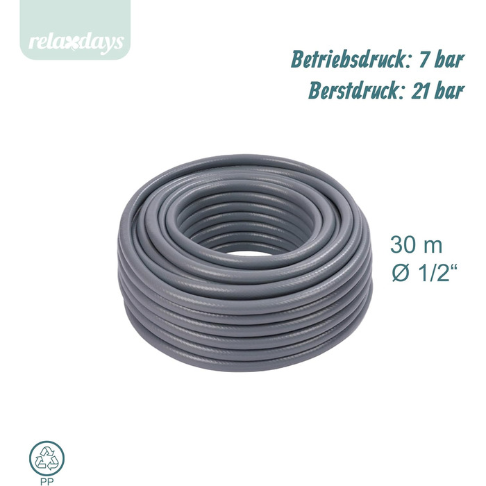 Шланг садовий Relaxdays, на вибір довжини, універсальний водопровідний шланг 1/2, стійкий до УФ-випромінювання та погодних умов, PP, сірий, 30 м