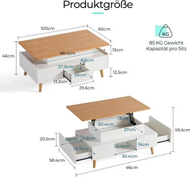 Журнальний столик з регульованою висотою та місцем для зберігання, стіл для вітальні з 2 великими шухлядами, диванний столик 60 x 100 см
