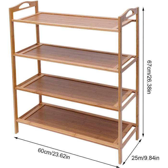 Бамбукова полиця для взуття, 4 яруси, місце для зберігання взуття, взуттєва шафа, окремостояча полиця, полиця для ванної кімнати, кухонна полиця, дерев&39яна полиця з ручкою для кухні, балкону, коридору та офісу, 60x25x67 см