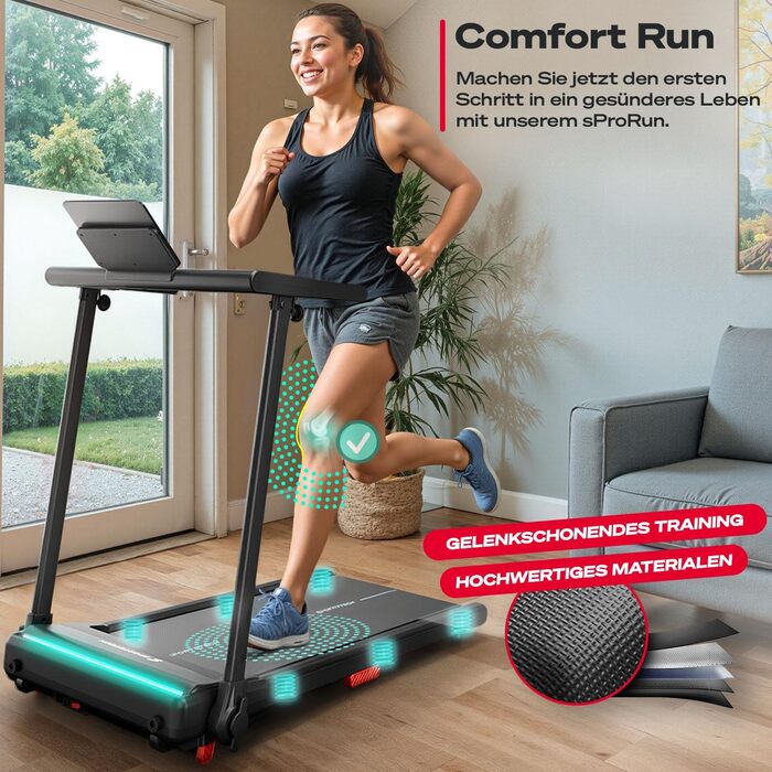 Бігова доріжка Sportstech Home, складна, до 12 км/год, макс. 120 кг, тримач для планшета, якісний німецький бренд, нахил 9, сумісний із додатком Bluetooth, світлодіодний підсвічування, sProRun