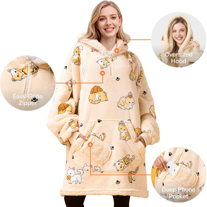 Ковдра-толстовка Giggling Getup Wearable Blanket велика фланелева ковдра з флісу та шерпи для дорослих, дітей, жінок та чоловіків, колір бежевого кота