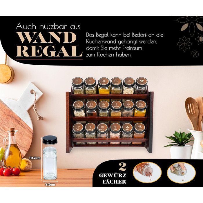 Елегантна підставка для спецій з темного дерева, настінна та настінна, 18 баночок для спецій, 25 етикеток, органайзер для спецій, підставка для спецій, кухонна полиця, вінтажна дерев&39яна підставка для спецій - підвісна система підставок для спецій - збе