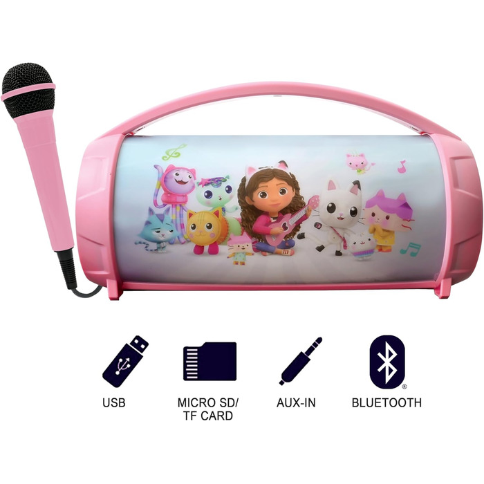 Ляльковий будиночок Габбі, Бездротовий світловий динамік з мікрофоном, Стереозвук, Функція караоке, Порт USB та SD-карти, Акумуляторна батарея, Ручка для перенесення, Рожевий, BTP585GDHZ
