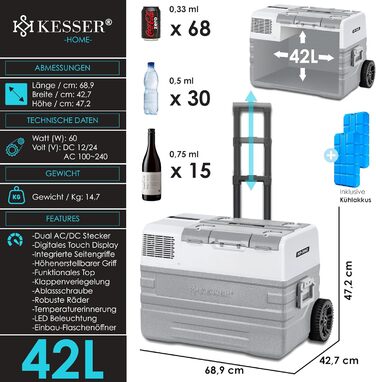 Електрична морозильна камера, 42 л З керуванням APP USB-з'єднання 12/24 В 230 В, телескопічна опора, 2 колеса холодильної камери Х