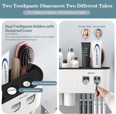 Настінний тримач для зубних щіток з подвійним автоматичним дозатором зубної пасти для дітей та дорослих, 6 слотів для щіток, 2 маг