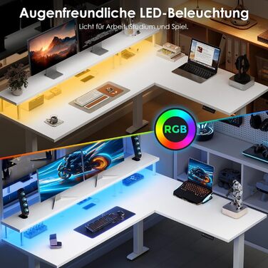 Стіл OffiGo з регульованою висотою, кутовий стіл 150x120 см з кріпленням для монітора, електричний L-подібний стіл з розетками, комп&39ютерний стіл зі світлодіодною стрічкою для офісу, білий