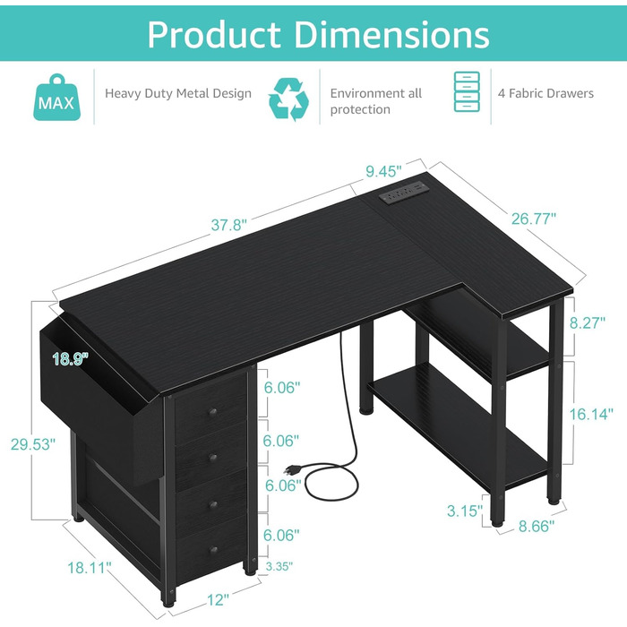 Г-подібний ігровий стіл Lufeiya з шухлядами та полицями для зберігання, кутовий комп&39ютерний стіл 49,5 дюймів з розеткою для дому, офісу, спальні, Г-подібні підліткові ПК-стіли чорного кольору, 40,5 дюймів