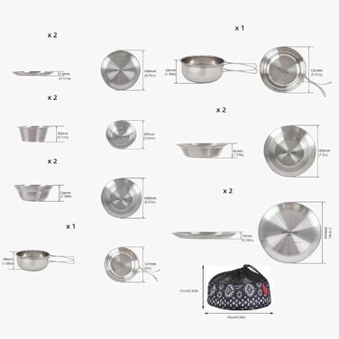 Набір туристичного посуду з нержавіючої сталі на 12 осіб, сріблястого кольору, штабельований, для подорожей та щоденного використання, ідеальний для кемпінгу та пікніків