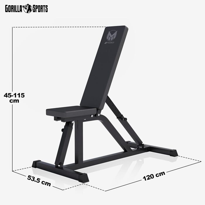Силова лава GYRONETICS - Багатофункціональна, регульована спинка у 8 положеннях та регульоване сидіння у 3 положеннях, 120 x 53,5 x 115 см, вантажопідйомність до 200 кг - Похила лава, тренувальна лава, плоска лава, лава для штанги, фітнес