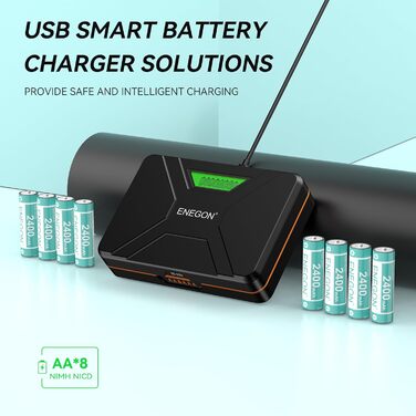 Швидкий зарядний пристрій ENEGON на 8 батарейок типу AA/AAA з РК-дисплеєм 8 нікель-металгідридних батарей типу AA (2400 мАг), зарядна станція USB-C з відділенням для іграшок, мишей та електроніки