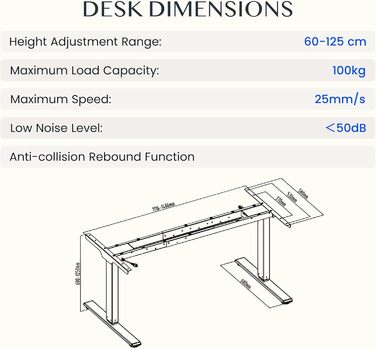 Каркас столу FLEXISPOT з регулюванням висоти, подвійний двигун та 3-рівневі ніжки, регулювання висоти 60-125 см, каркас столу зі світлодіодним дисплеєм висоти, 4 положення пам&39яті та захист від зіткнень (колір Nobel Black) EC5-Lite Black
