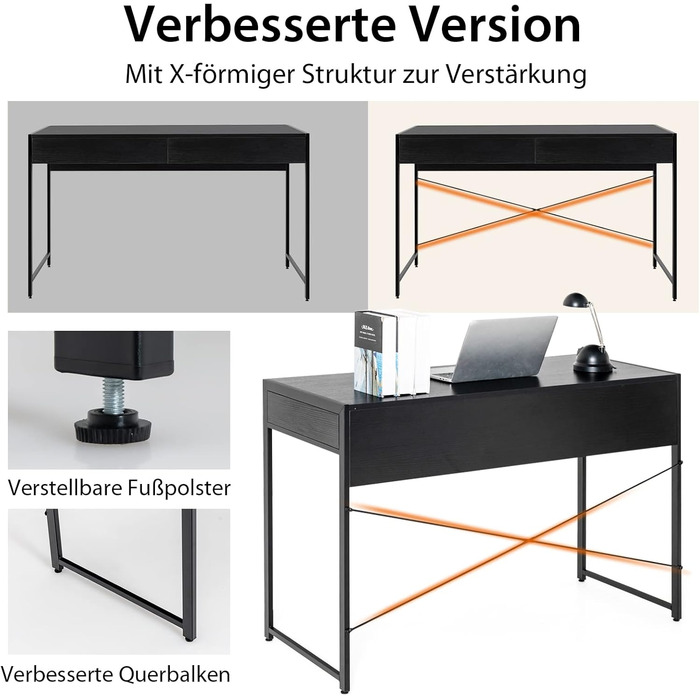 Стіл, комп'ютерний стіл з 2 шухлядами, невеликий офісний стіл, метал, промисловий дизайн, стіл для ПК для навчання, домашнього офі