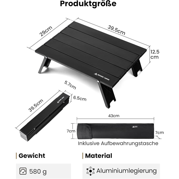 Складаний кемпінговий стіл OneTigris, маленький алюмінієвий, складний кемпінговий стіл, надлегкий портативний вуличний стіл, вантажопідйомність до 30 кг для використання на свіжому повітрі, для походів (39,5 x 29 x 12,5 см)