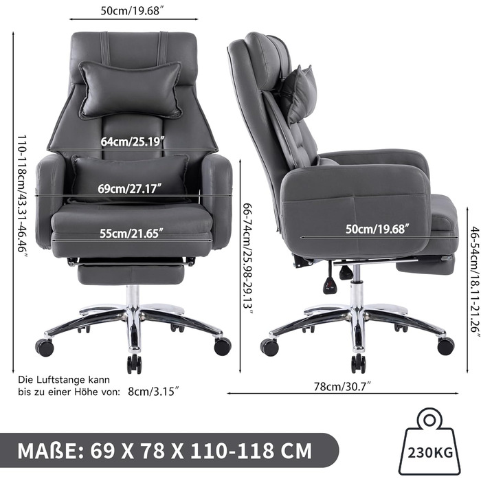 Ергономічне крісло керівника XXL, регульоване на 155 з підставкою для ніг, підголівником та поперековою опорою, металева основа, вантажопідйомність 230 кг, S-подібна пружина товста комфортна піна, темно-сірий колір