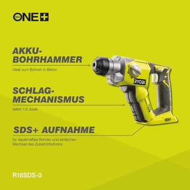 Акумуляторний перфоратор RYOBI 18 В ONE R18SDS-0 (енергія удару 1,3 Дж, макс. Діаметр свердління в дереві/цегляній кладці/сталі 16/16/13 мм, без акумулятора та зарядного пристрою) без акумулятора зарядний пристрій