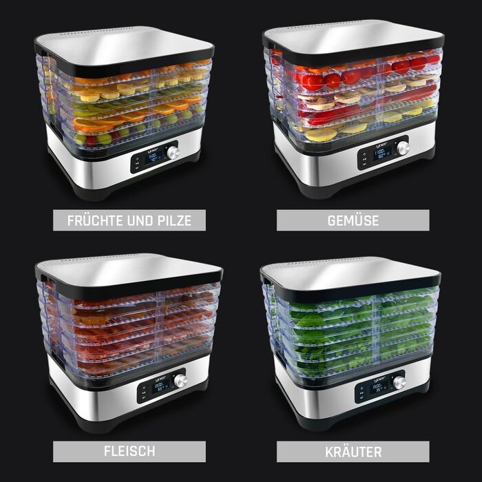 Дегідратор, 450 Вт, 4000 см2, таймер на 24 години, LED-дисплей, нержавіюча сталь INOX, без BPA, модульна конструкція, дегідратор для їжі, грибів, фруктів, м'яса, риби, овочів, 01S