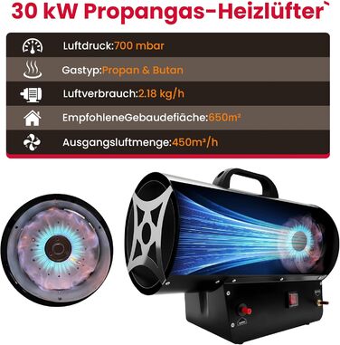 Газовий обігрівач GASLAND FlameJet FH30FBDE потужністю 30 кВт з редукційним клапаном 700 мбар, конвекційним нагрівом, турбовентилятором, захистом від перегріву