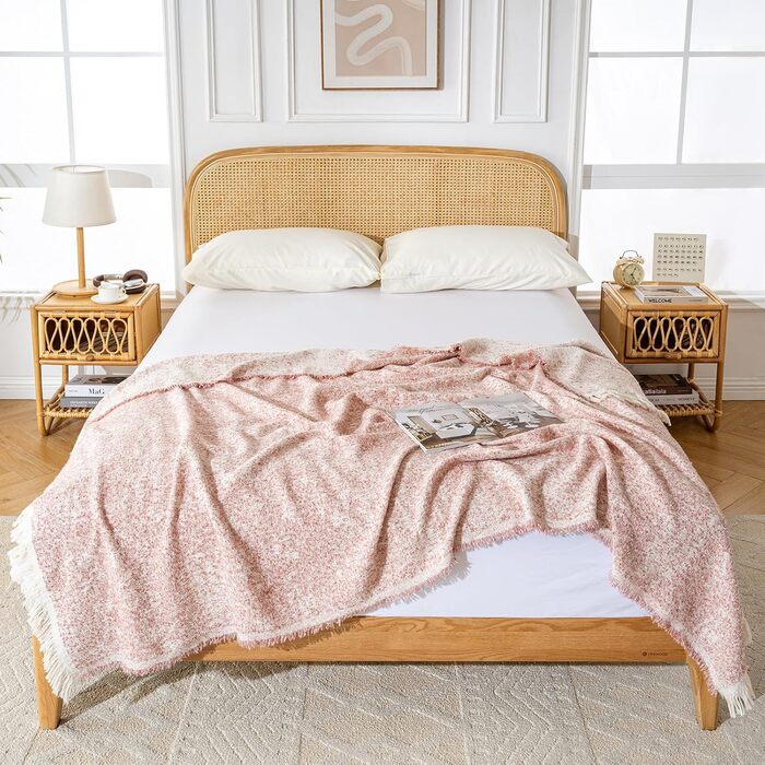 Бавовняна ковдра ACUSHLA, м&39яка ковдра, мікрофібра, м&39яке, затишне, пухнасте та дихаюче покривало, ковдра для дивана, ліжка, пікніка, подорожей, легка ковдра (рожево-білий)