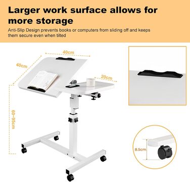 Мобільний столик для ліжка на колесах, регульована висота бічного столика 60-90 см та кут нахилу, столик для догляду за ліжком, столик для ноутбука, столик для дивана на колесах, столик для стояння зі звукоізоляцією (білий)