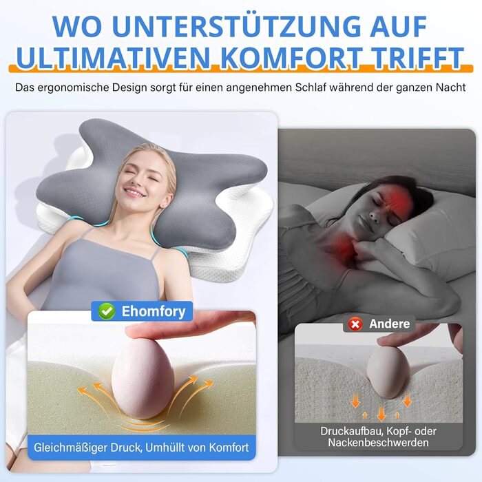 Подушка для шиї, подушка для голови, подушка для підтримки шиї, подушка з піни з ефектом пам&39яті, ергономічна подушка для сну на боці, на спині та на животі, 69x37x9/12 см, сірий