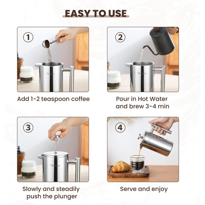 Кавоварка з нержавіючої сталі френч-прес Velaze, кавоварка 350 мл на 2-3 чашки, французький кавоварський прес з подвійними стінками, елегантний дизайн, кавник з 5 фільтрами з нержавіючої сталі та 1 ложкою 350 мл