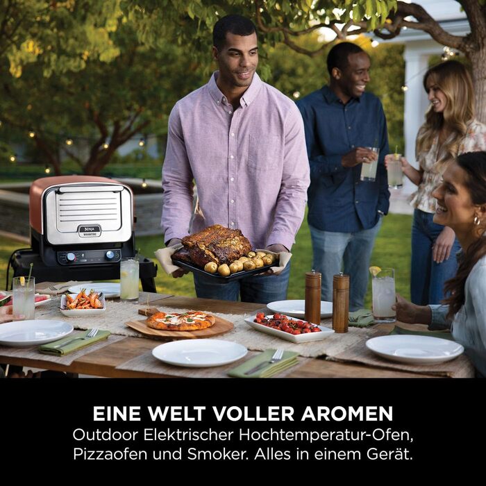 Відкрита піч Ninja Woodfire, піч для піци 8-в-1, коптильня для барбекю з решіткою для запікання, миска Pro-Heat, камінь для піци, деревні гранули та лопата, електрична, 6 налаштувань піци, палений апельсин OO101EU