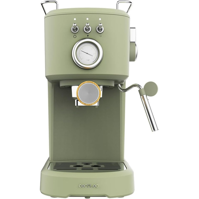 Кавоварка Compact Power Espresso 20 Retro Green 1100 Вт, 20 бар, система термоблоків, поворотний відпарювач, важіль фільтра з подвійним виходом і 2 фільтрами, 1,25 літра з манометром зеленого кольору