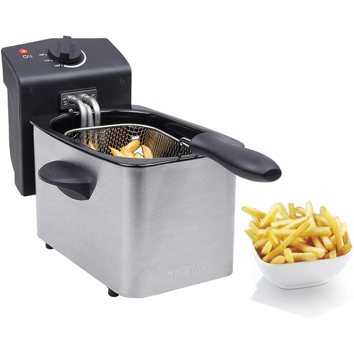 Фритюрниця з нержавіючої сталі Tristar - з об'ємом 2 літри, функцією холодної зони та регульованим термостатом до 190C, FR-6919, срібло