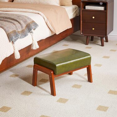 Невеликий пуф-табурет, прямокутний пуф-підставка зі штучної шкіри з м&39яким сидінням та дерев&39яними ніжками, сучасний низький пуф-підставка для вітальні/спальні, темно-зелений WBD013GR, 10.2H