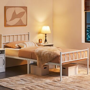 Металеве ліжко Yaheetech 90 x 200 см Каркас ліжка з узголів&39ям Металевий каркас ліжка Гостьове ліжко з рейковою основою для спальні Гостьова кімната Білий Білий 90 x 200 см