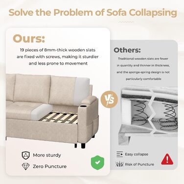 Диван-ліжко 3-в-1, Розкладний шезлонг-диван, Шкіряний диван-ліжко з місцем для зберігання, USB-портами та підставками для чашок, Розкладний диван для вітальні та квартири, Бежевий