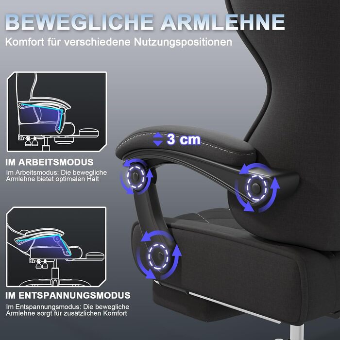 Ігрове крісло Devoko, ергономічна тканина з функцією масажу та підставкою для ніг, пружинна амортизація Pocket Spring, регулювання на 135, повітропроникне для домашнього офісу або ігрової кімнати, чорний колір