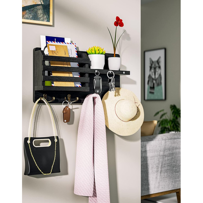 Ключниця - Ключниця на магніті, ключниця з 4 подвійними гачками для ключів, декоративна ключниця з дерев'яною поличкою для входу,