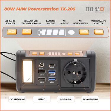 Міні-зарядна станція Technaxx TX-205 зі світлодіодною панеллю, лампою, 5 портами USB - 74 Втгод, портативним зарядним пристроєм 230 В з вбудованим розетком для ноутбука, мобільного телефону, міні-холодильника тощо, сумісна із сонячними зарядними пристроям