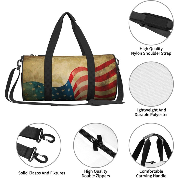 Спортивна сумка, дорожня сумка, вінтажний стиль, з принтом американського прапора, сумка на нічліг, чорна, універсальний розмір, сумка для подорожей