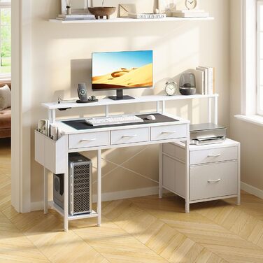 Письмовий стіл Rolanstar з розеткою, комп&39ютерний стіл з 5 шухлядами, світлодіодним освітленням, сумкою для зберігання та підставкою для монітора, сучасний кутовий стіл для домашнього офісу та ігор (білий)