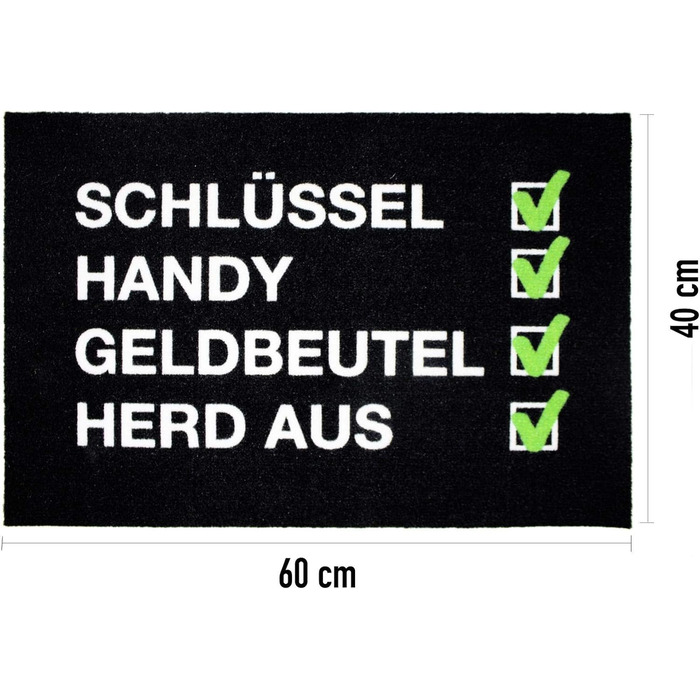 Килимок для дверей крупним планом Контрольний список - ключі, телефон, гаманець Забудькуватий - кумедний дизайн Нековзний, міцний та миється Для використання в приміщенні та на вулиці Контрольний список 60x40 см (прямокутний)