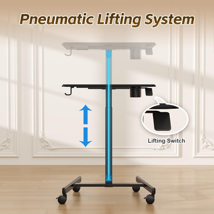 Мобільний стіл з регульованою висотою та колесами, Невеликий комп&39ютерний стіл з регульованою висотою, Стіл для роботи стоячи, 65 x 48 см, Чорний